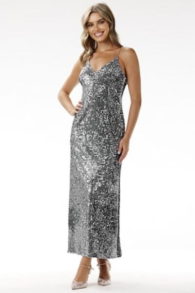 Awama - Maxi evening dress, velvet with sequins, gray, elegant, polyester
