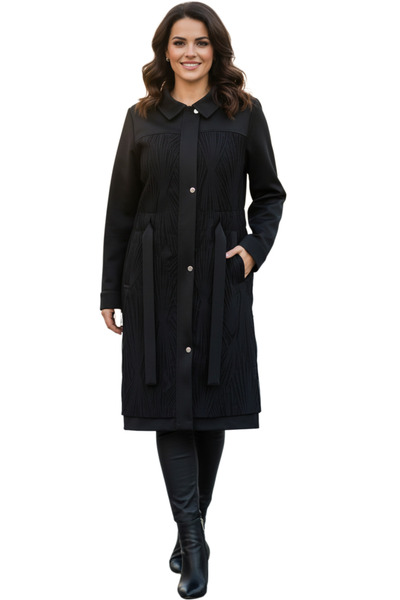 BELEN Kadın Siyah Desenli Kapitone Detaylı Uzun Kap – Mevsimlik Şık Düğmeli K...