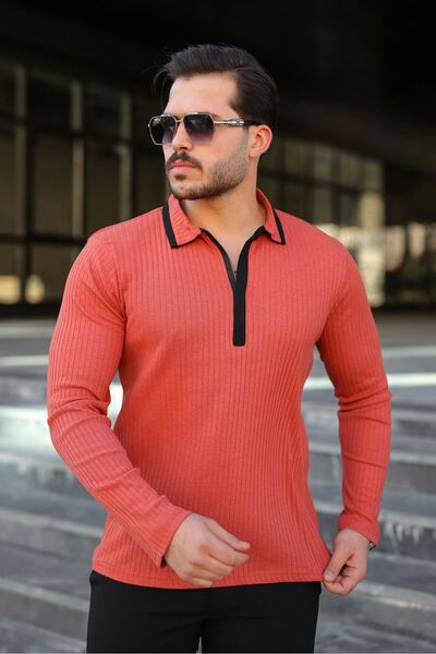 masso Pulover pentru bărbați din material reiat țesături, cu guler polo, cu jumătate de fermoar