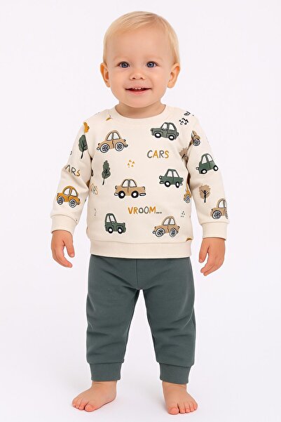 dinamik çocuk Erkek Bebek/Çocuk Arabas Desenli 2'li Takım Sweatshirt ve Eşofm...