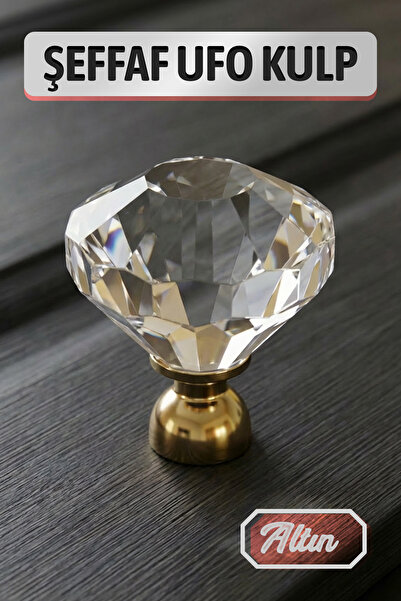 Badem10 Şeffaf Kristal Görünümlü Altın Saplı Ufo Düğme Mobilya Dolap Çekmecel...