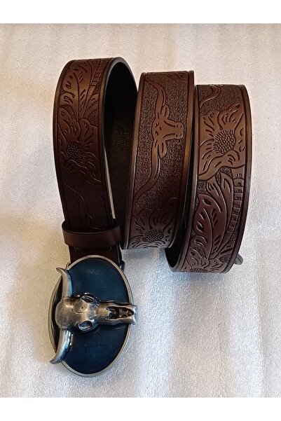 Butik Tülin حزام للجنسين من الجلد الصناعي الأصلي باللون البني مطبوع باللون ال...