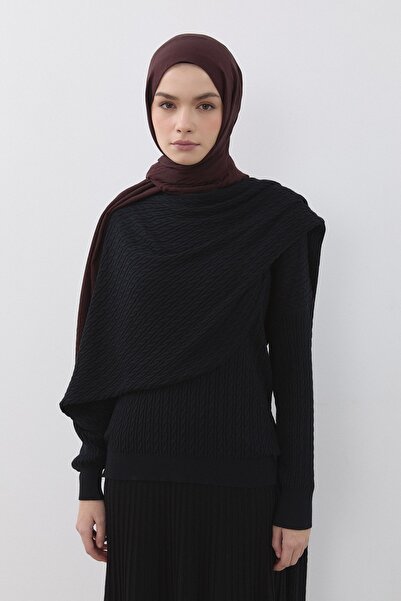 Nihan Saç Örgü Desenli Şal Detaylı Triko Tunik Siyah