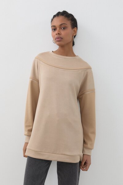 Nihan Şerit Detaylı Cupra Süet Sweat Bej