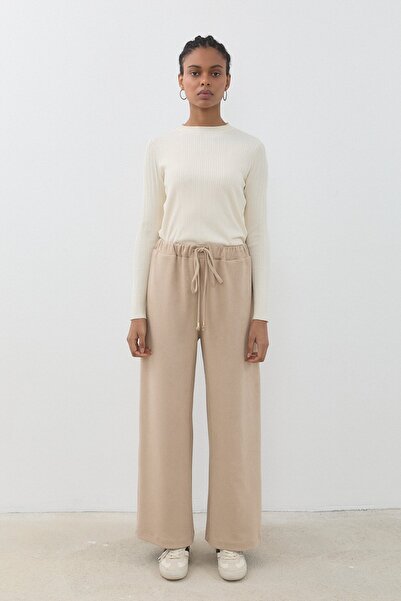 Nihan Bol Paça Cupra Süet Pantolon Bej
