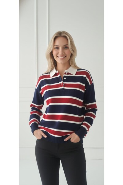 ZARİNCE LİFE Women's Striped Polo Neck Buttoned Knitwear Sweater