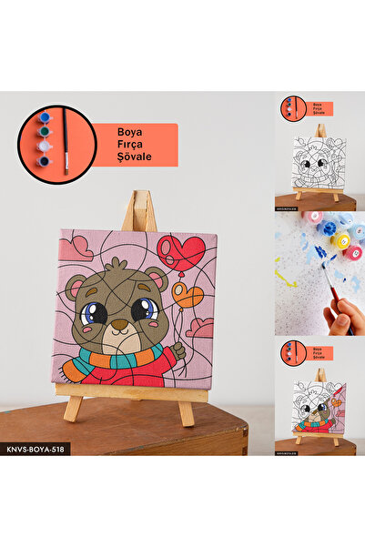 CeSht Balon ve Mutlu Ayı Şövaleli Kanvas Tablo Boyama Seti Şövale Fırça Boya ...