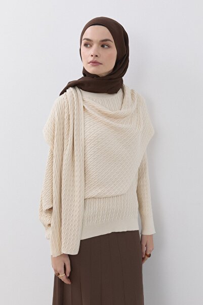 Nihan Saç Örgü Desenli Şal Detaylı Triko Tunik Vanilya