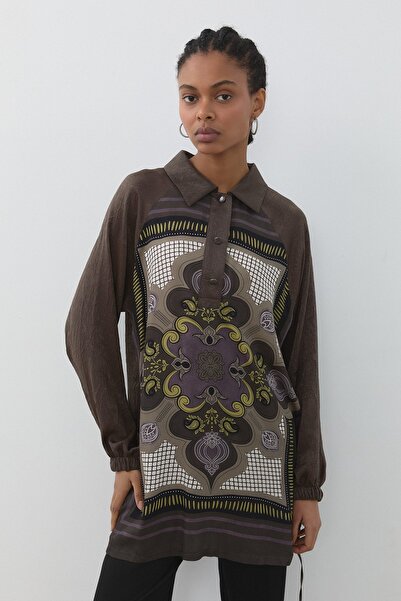 Nihan Rahat Kalıp Desenli Gömlek Tunik Haki