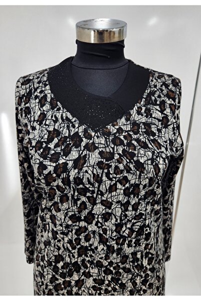 HESNA Kadın Büyük Beden Yakası Taş Detaylı Siyah Anne Elbisesi