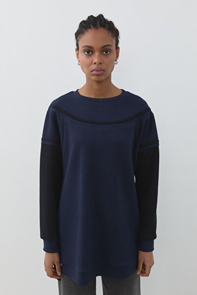 Nihan Şerit Detaylı Cupra Süet Sweat Lacivert