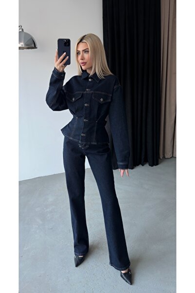 Ekim Store Bele Oturan Ceket Bağ Detaylı Denim Takım