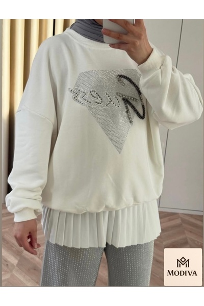 MODİVA MİX Women's Stone Detailed Crew Neck Glittery Stylish Oversized Branded Sweatshirt - Suitable for Hijab