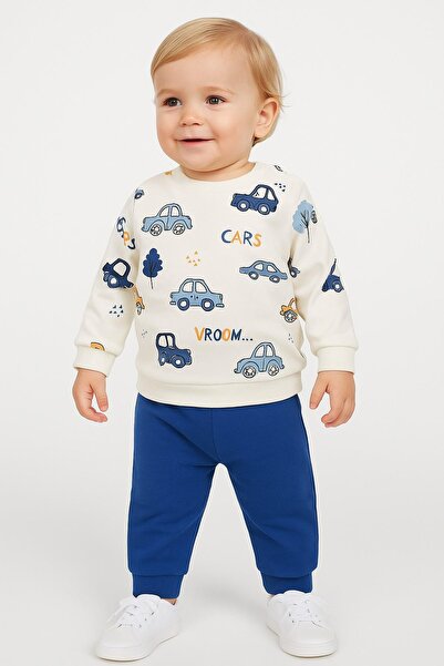 dinamik çocuk Erkek Bebek/Çocuk Arabas Desenli 2'li Takım Sweatshirt ve Eşofm...