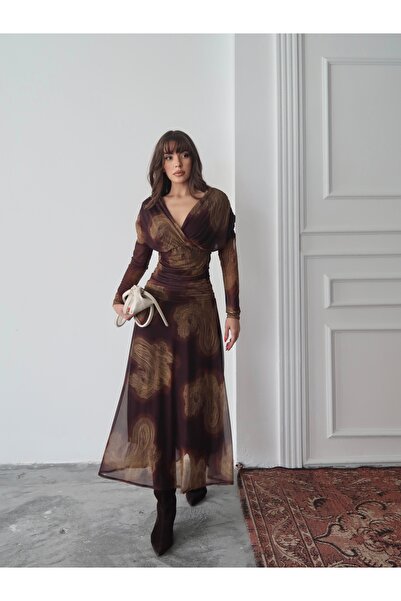 Butik DRAPE DETAY DESENLİ Tül Maxi elbise