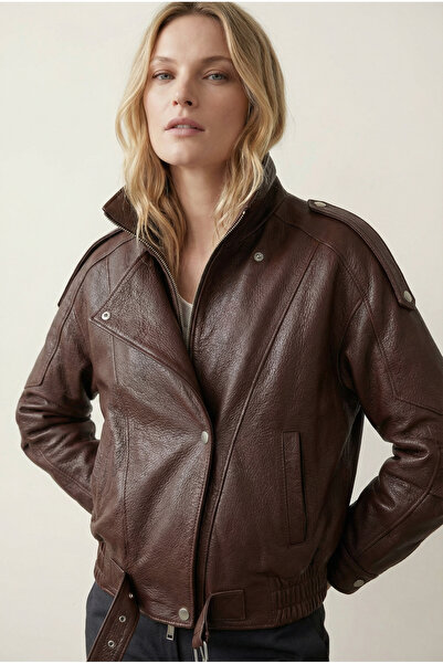 Lebeni Kahverengi Gerçek Kuzu Derisi Kadın Deri Ceket – Modern Biker Bomber Stil
