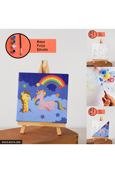 CeSht Unicorn ve Zürafa Şövaleli Kanvas Tablo Boyama Seti Şövale Fırça Boya D...