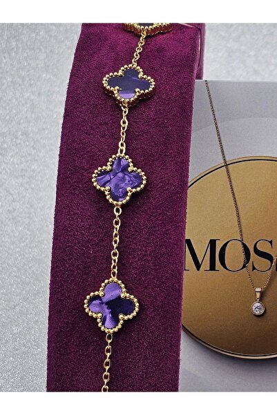 Mosso Steel Sedefli Mor Çelik Bileklik Gold Renk Yoncalı Model