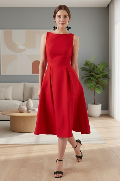 Lela Regular Fit Crew Neck Pleated Midi Length Evening Dress with Pockets Dress 6111963