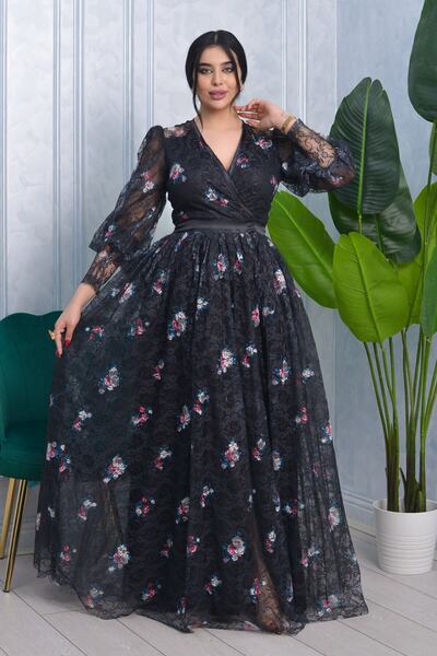 Helen Fashion Dijital Baskılı Dantel Tasarım Uzun Elbise Abiye