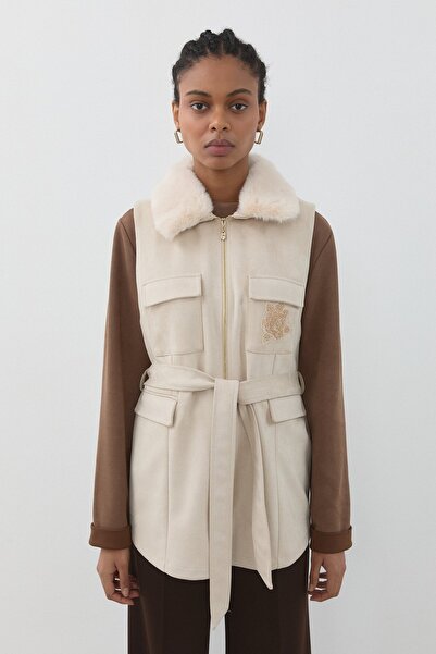 Nihan Rahat Kalıp Kürk Yakalı Yelek Vizon