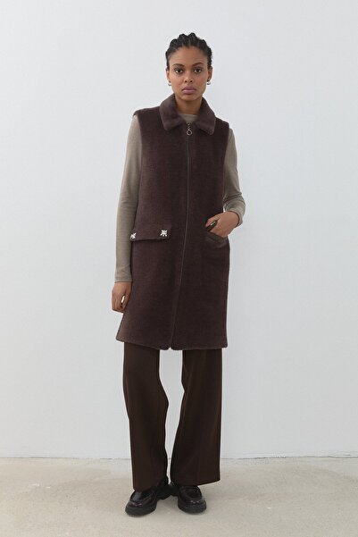 Nihan Parlak Taş Aksesuarlı Angora Yelek Kahve