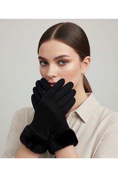 Şirin Giyim Aksesuar Furry Plush Cashmere Stylish Gloves - Black Phone Touchs...