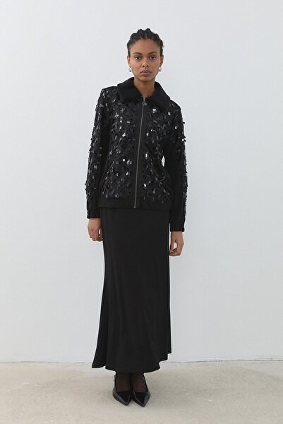 Nihan Kürk ve Payet Detaylı Etek Ceket Takım Siyah