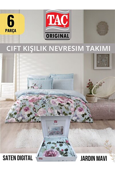 Taç JARDIN MAVI NEVRESİM TAKIMI ÇİFT KİŞİLİK DİJİTAL SATEN