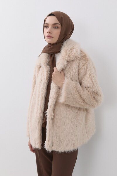 Nihan Bebe Yaka Suni Kürk Kaban Bej