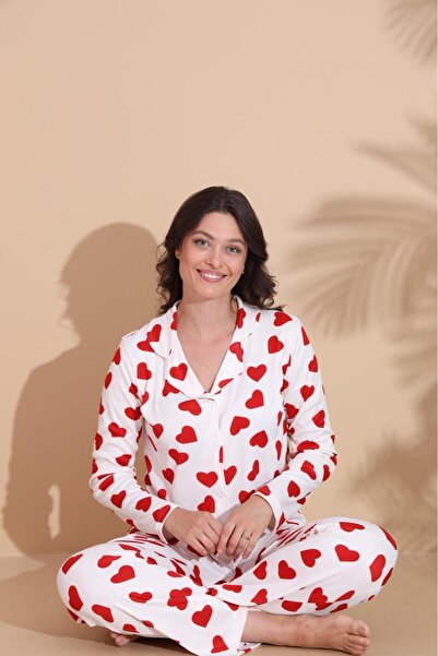 FİT WOMEN PAMUKLU ÇİZGİLİ KALP DESENLİ DÜĞMELİ UZU KOLLU PİJAMA TAKIMI 19236