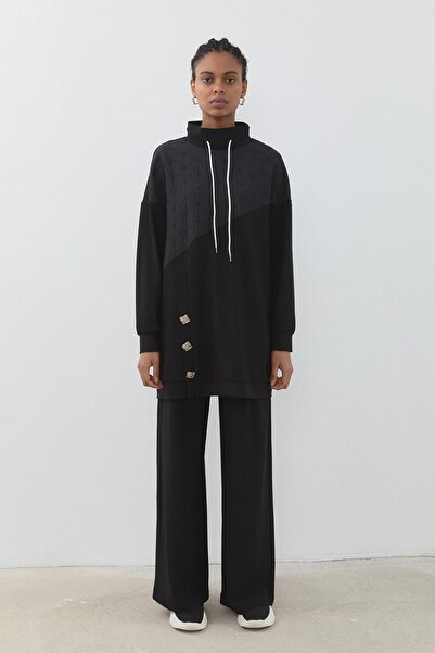 Nihan Jakar Kumaş Detaylı Örme Pantolon Tunik Takım Siyah