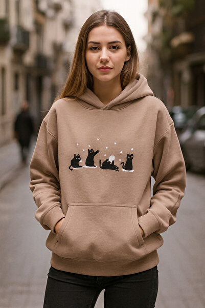 harmony factory 3 Thread Fleece-Lined Oversized Hoodie Black Cat Embroidery Soft Texture Street Style