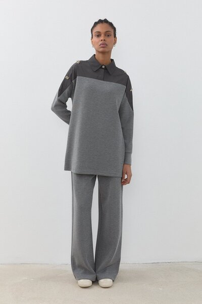 Nihan Aller Detaylı Simli Örme Pantolon Tunik Takım Gri