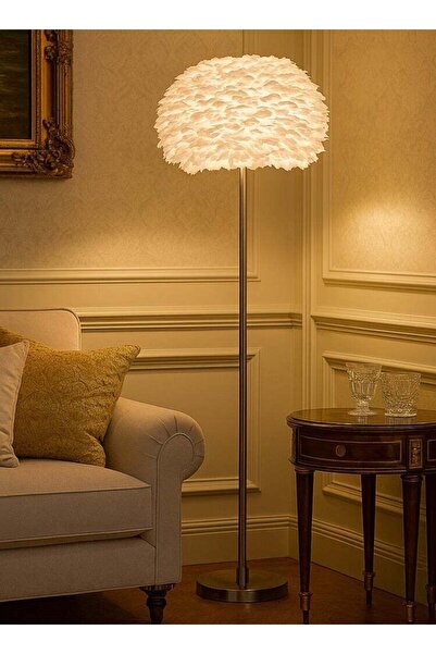 qwell مصباح أرضي عصري بغطاء أبيض على شكل ريشة