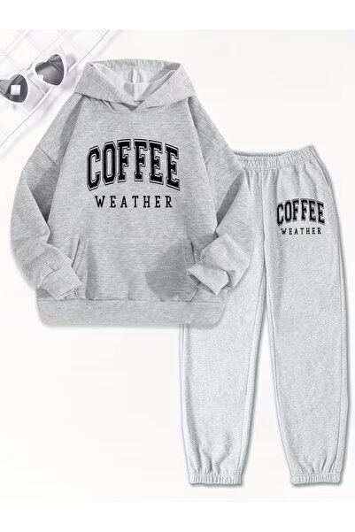 AEMİ Unisex Coffee Printed Hooded Sweatshirt and Jogger Sweatpants - Bottom T...