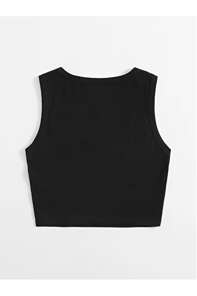 AEMİ Women's Corded Fabric Crop Blouse Crew Neck Undershirt Black