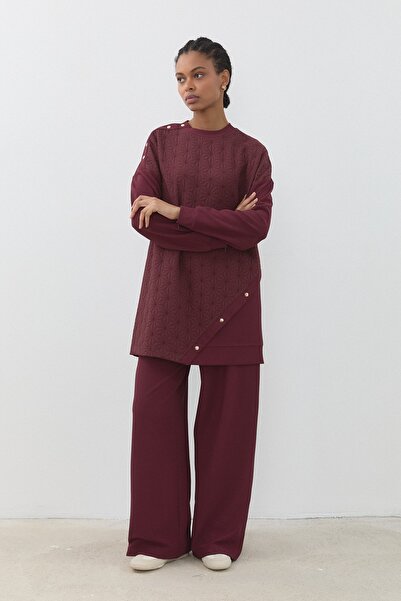 Nihan İnce Kapitone Detaylı Örme Pantolon Tunik Takım Bordo
