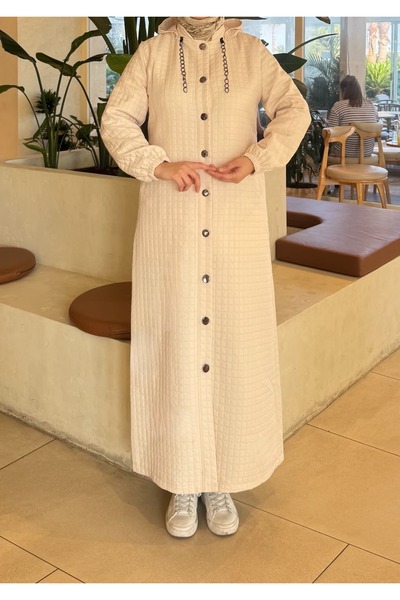 nacar çarşı Women's Quilted Long Hooded Button Coat