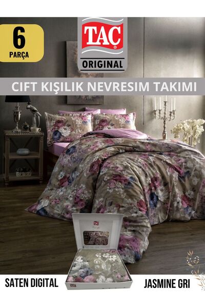 Taç JASMINE GRI NEVRESİM TAKIMI ÇİFT KİŞİLİK DİJİTAL SATEN