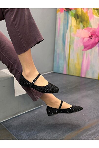 DİVA Siyah Taşlı Bantlı Kadın Günlük Babet