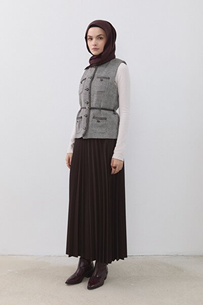 Nihan Chanel Yelekli Etek Takım Kahve