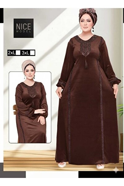 TREN Velvet Embroidered Plus Size Maxi Dress Long Sleeve Modest Abaya 2XL-3XL Elegant Kaftan Burgundy