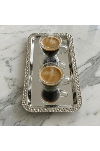 Dania ✨ صحن تقديم مستطيل معدن نيكل لامع بزخرفة دوائر – مقاس 33 × 15 سم