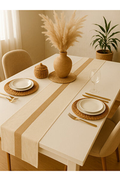 Kitchen Vogue Bohem Dekoratif Runner Masa Örtüsü | Bej Hasır Detaylı Özel Gün Dekorasyonu Sofra Süslemesi Ranır