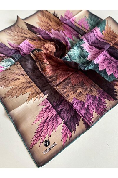 Vissona Tivil Silk Scarf 14232 - 0003 - 0022 Cream Lilac Leaf Pattern