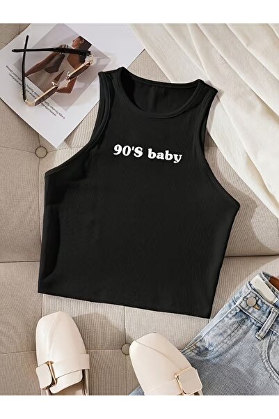 AEMİ Bluză crop pentru femei cu imprimeu material reiat guler rotund Atlet Negru