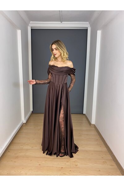 gökkuşagı moda Kahverengi Saten Kayık Yaka Uzun Kollu Dandel Detaylı Uzun Abi...