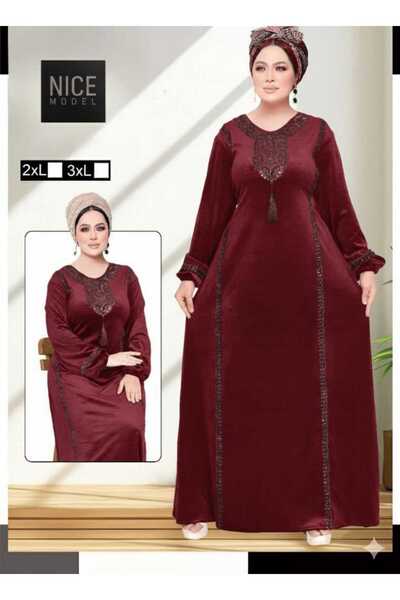 TREN Velvet Embroidered Plus Size Maxi Dress Long Sleeve Modest Abaya 2XL-3XL Turkish Fashion Burgundy