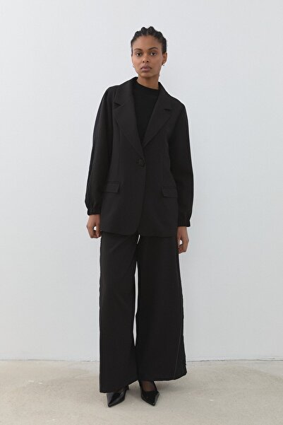 Nihan Fermuarlı Taşlı Pantolon Ceket Takım Siyah